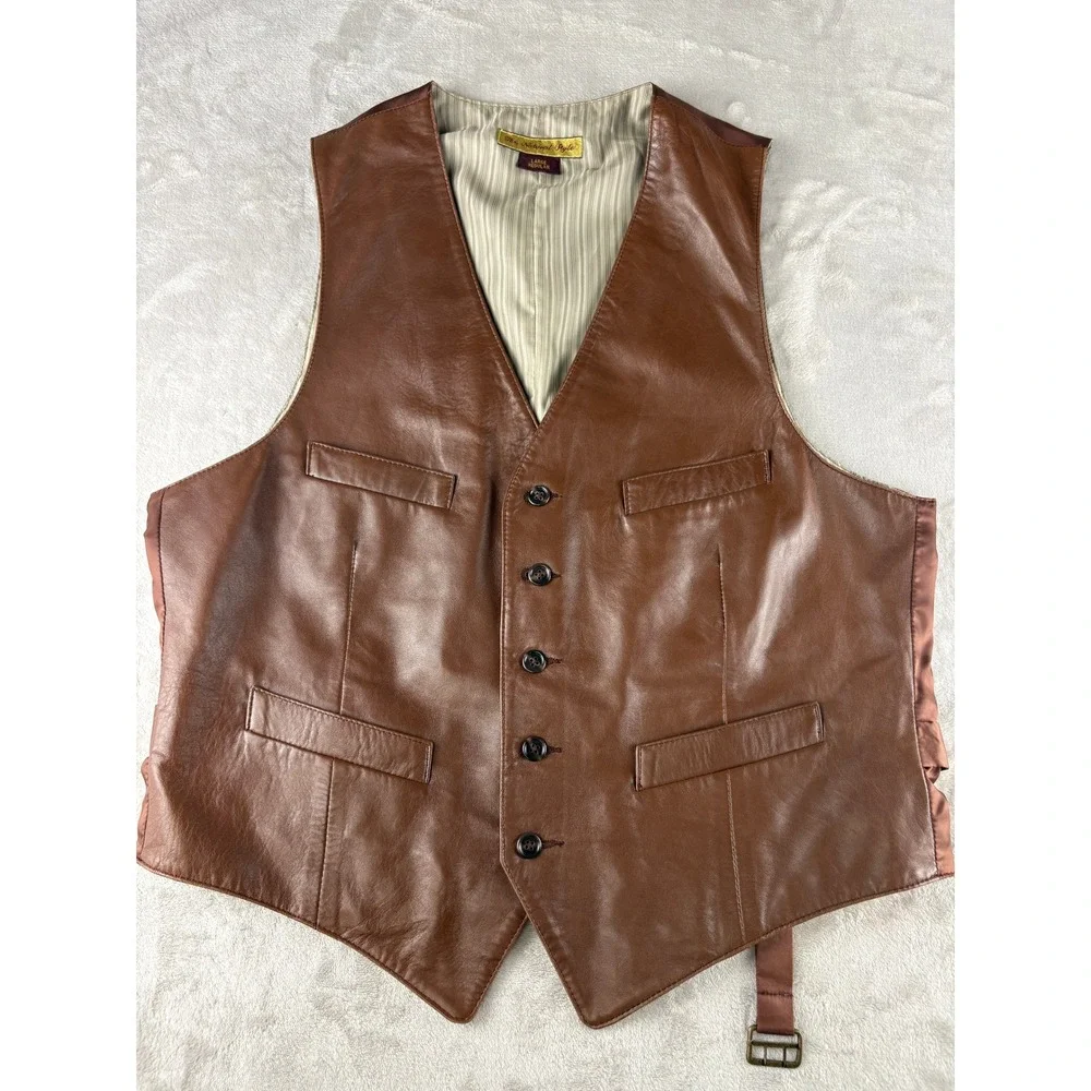 The Natural Style Mens Brown Genuine Leather Vest Waistcoat Size Large Regular